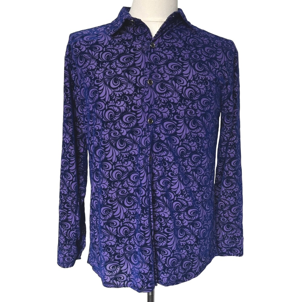 JOGAL Men's Medium Purple Paisley Velvet Burnout Long Sleeve Button Down Shirt‎